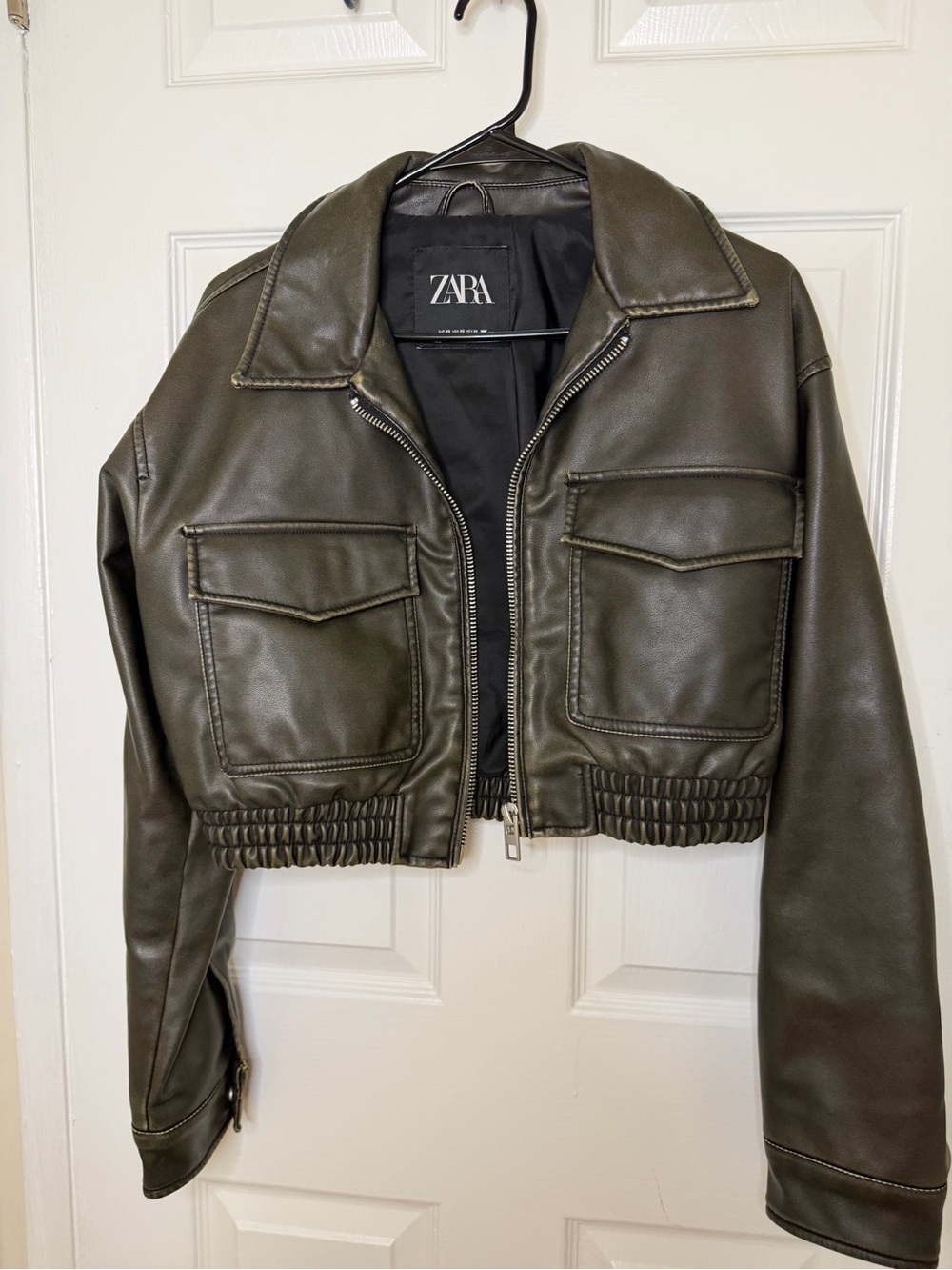 ZARA Olive Faux Leather Cropped Bomber Jacket